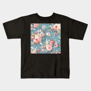 Shabby Chic Floral Flowers, Pretty Feminine Pattern on Blue Background Kids T-Shirt